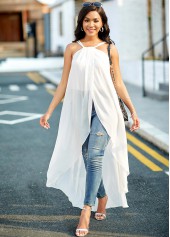 Cross Strap Chiffon Asymmetric Hem White Camisole Top