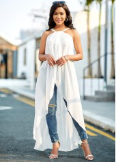 Cross Strap Chiffon Asymmetric Hem White Camisole Top