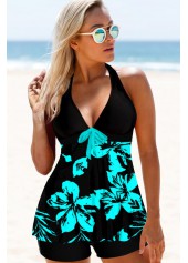 Keyhole Back Floral Print Halter Swimdress and Shorts