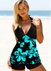 Keyhole Back Floral Print Halter Swimdress and Shorts