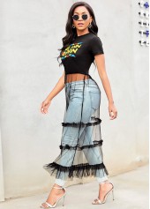 Round Neck Mesh Stitching Letter Print T Shirt