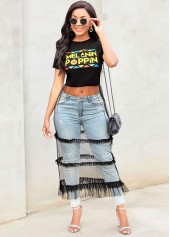 Round Neck Mesh Stitching Letter Print T Shirt