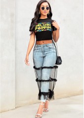 Round Neck Mesh Stitching Letter Print T Shirt