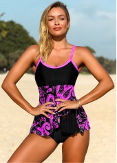 Contrast Piping Paisley Print Plus Size Tankini Top