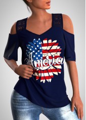 Cold Shoulder American Flag Print Lace Stitching T Shirt