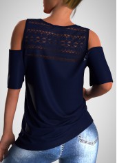 Cold Shoulder American Flag Print Lace Stitching T Shirt