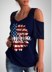Cold Shoulder American Flag Print Lace Stitching T Shirt
