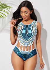 Dashiki Print Cutout Waist One Piece Swimwear
