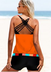Contrast Piping Criss Cross Back Tankini Set