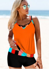 Contrast Piping Criss Cross Back Tankini Set