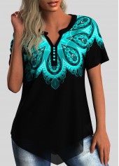 Asymmetric Hem Tribal Print Split Neck Blouse
