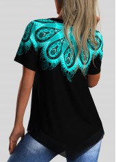 Asymmetric Hem Tribal Print Split Neck Blouse