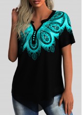 Asymmetric Hem Tribal Print Split Neck Blouse