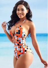 Cutout Geometric Print Halter One Piece Swimwear