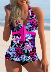 Floral Print Halter Bowknot Tankini Set