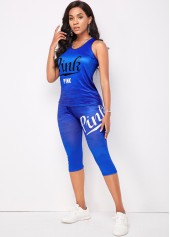 Wide Strap Letter Print Blue Activewear Set