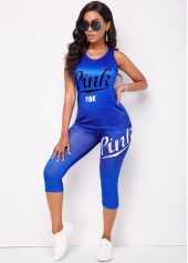 Wide Strap Letter Print Blue Activewear Set