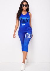 Wide Strap Letter Print Blue Activewear Set