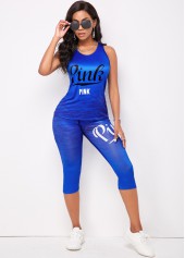 Wide Strap Letter Print Blue Activewear Set