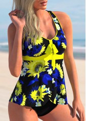Bowknot Cross Strap Floral Print Tankini Set