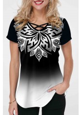 Cross Strap Ombre Tribal Print T Shirt
