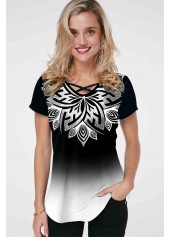 Cross Strap Ombre Tribal Print T Shirt