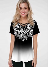 Cross Strap Ombre Tribal Print T Shirt