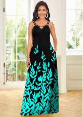 Leaf Print Double Straps Maxi Dress 
