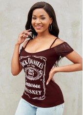 Short Sleeve Cold Shoulder Letter Print T Shirt
