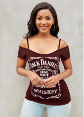 Short Sleeve Cold Shoulder Letter Print T Shirt
