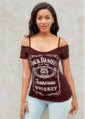 Short Sleeve Cold Shoulder Letter Print T Shirt