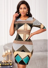 Half Sleeve Geometric Print Round Neck Dress