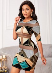 Half Sleeve Geometric Print Round Neck Dress