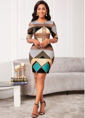 Half Sleeve Geometric Print Round Neck Dress