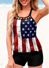 American Flag Print Cross Strap Tankini Set
