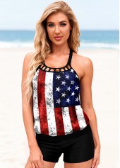 American Flag Print Cross Strap Tankini Set