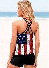 American Flag Print Cross Strap Tankini Set