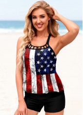 American Flag Print Cross Strap Tankini Set