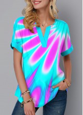 Short Sleeve Multicolor Printed Split Neck Blouse