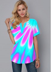 Short Sleeve Multicolor Printed Split Neck Blouse