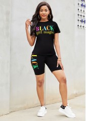 Short Sleeve Letter Print Round Neck Sweatsuit Set