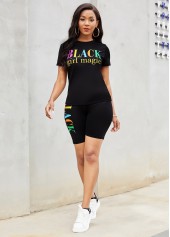 Short Sleeve Letter Print Round Neck Sweatsuit Set