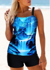 Spaghetti Strap Scape Print Tankini Set