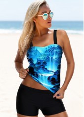 Spaghetti Strap Scape Print Tankini Set