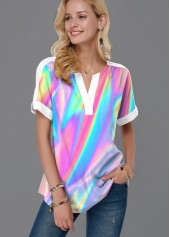 Short Sleeve Colorful Split Neck Blouse