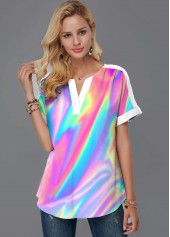 Short Sleeve Colorful Split Neck Blouse