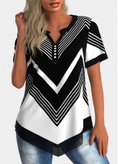 Geometric Print Multi Color Short Sleeve Split Neck Blouse