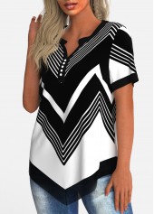 Geometric Print Multi Color Short Sleeve Split Neck Blouse