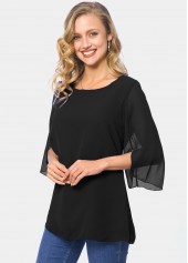 3/4 Sleeve Round Neck Chiffon Solid Blouse 