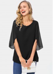 3/4 Sleeve Round Neck Chiffon Solid Blouse 